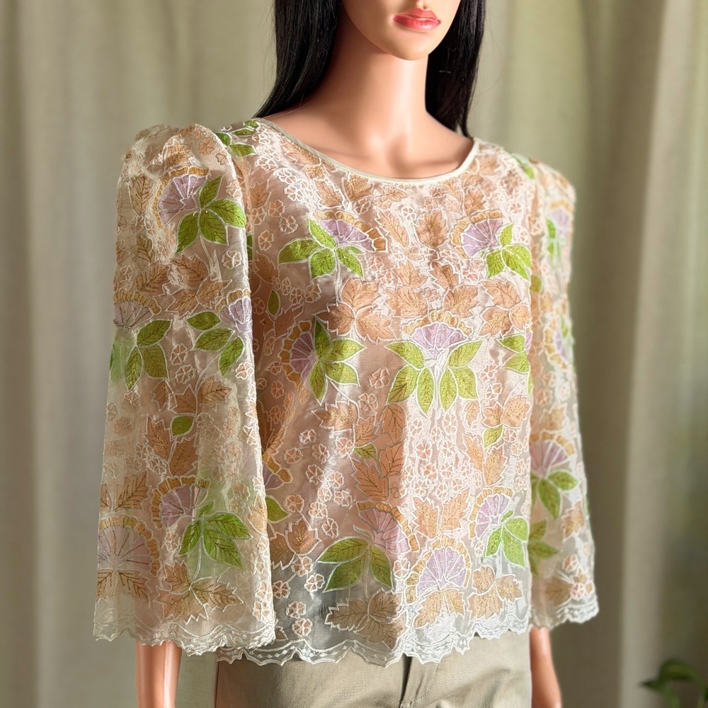 Vtg 90s Raffaella Sheer Floral Embroidered Blouse Gold Metallic Pearl Button M